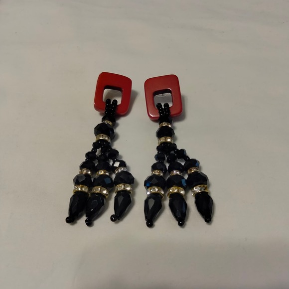 Iris Apfel & Bajalia Black, Red & Clear Rhinestone Tasseled Statement Earrings - Picture 7 of 11